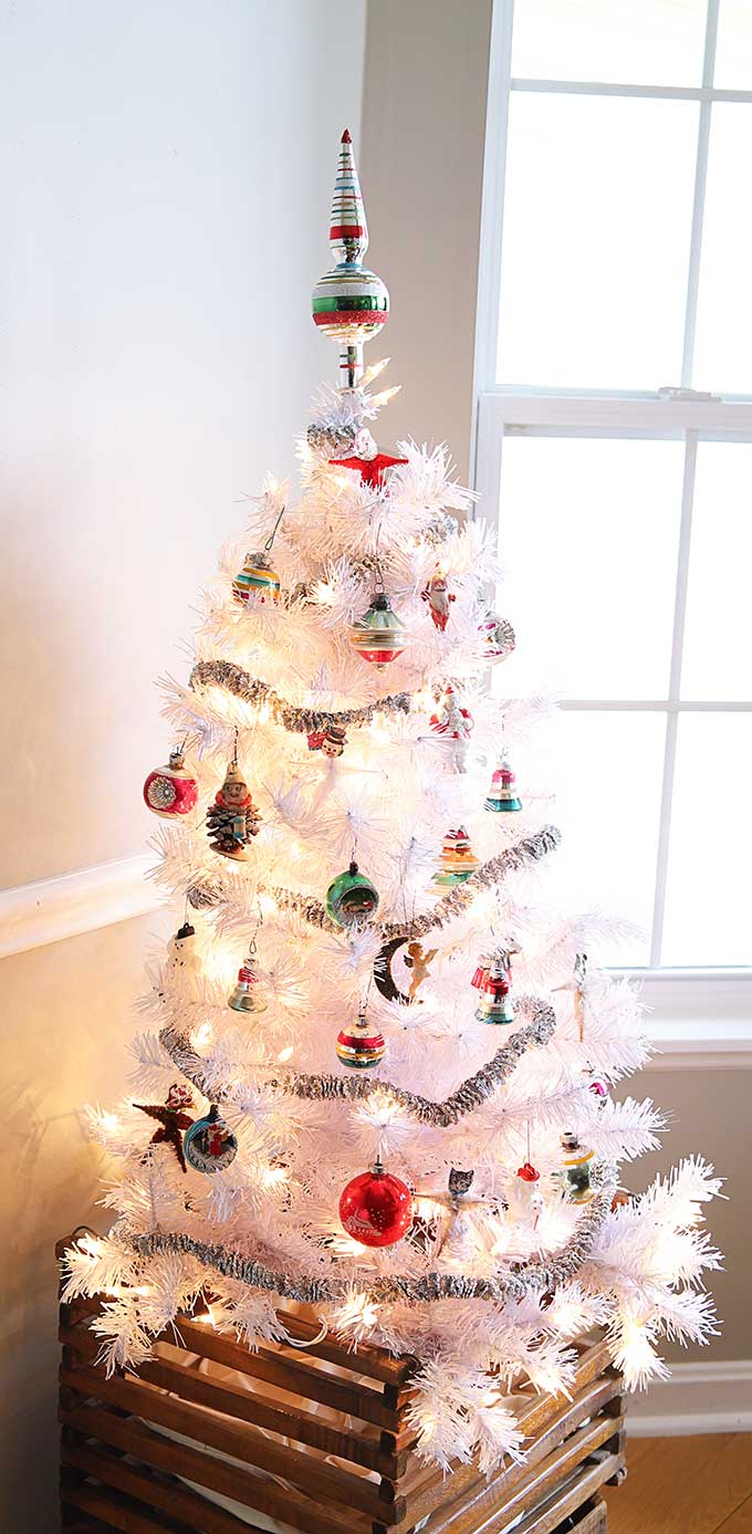 White Christmas tree with vintage Shiny Brite ornaments