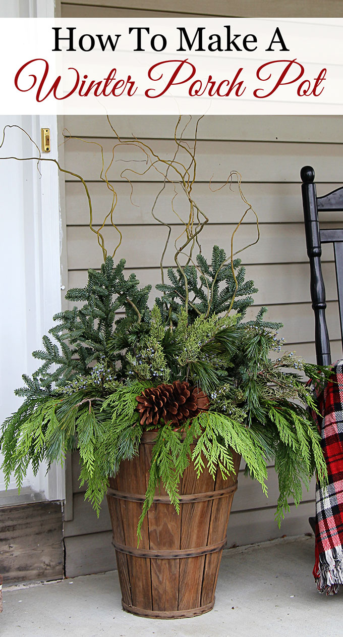 Quick and easy tutorial for making these GORGEOUS winter porch pots. Made in baskets for a farmhouse style, but can be made in urns for a more formal look! #christmas #christmasdecor #porch #PorchDecor #containergardening 